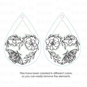 May include: A pair of black and white teardrop-shaped earrings with a floral and butterfly design. The earrings are layered with a flower, butterfly, and leaf design.