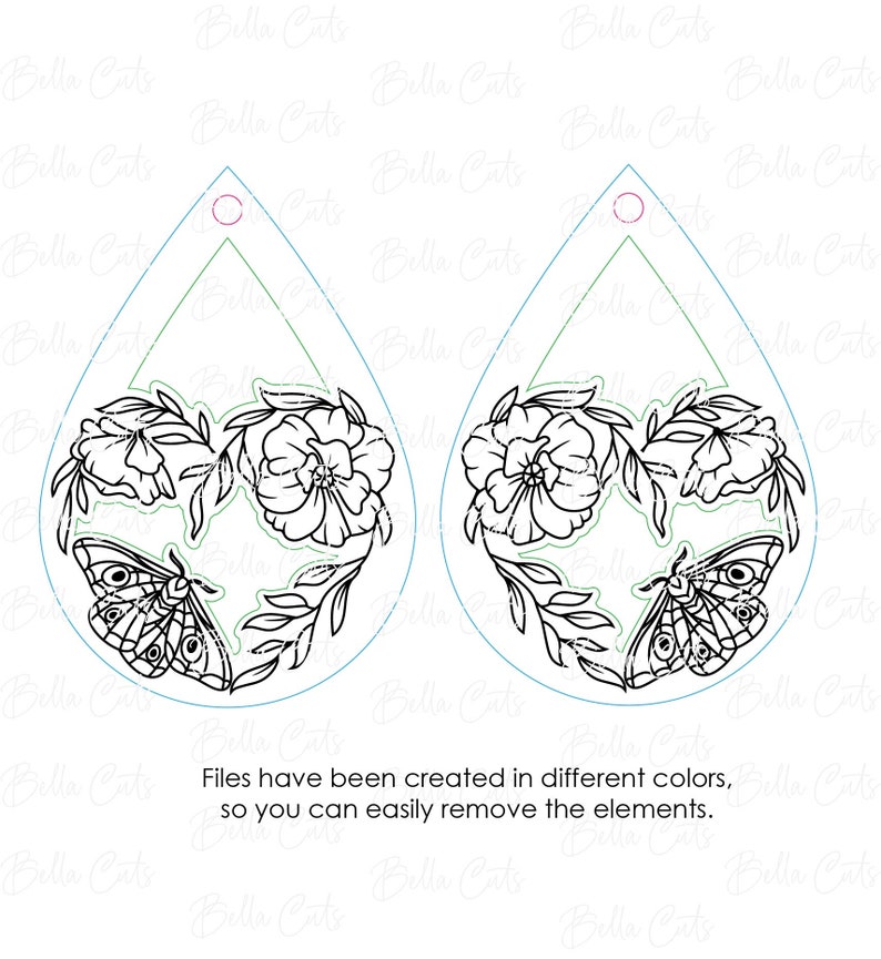May include: A pair of black and white teardrop-shaped earrings with a floral and butterfly design. The earrings are layered with a flower, butterfly, and leaf design.