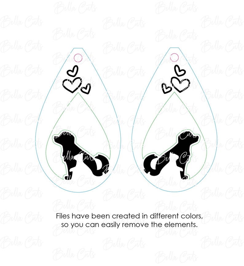 May include: A pair of white teardrop-shaped earrings with a black silhouette of a dog and three hearts. The earrings are layered with green and blue outlines.