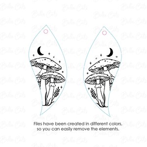 May include: A pair of black and white earring designs featuring a crescent moon and three mushrooms with stars in the background.
