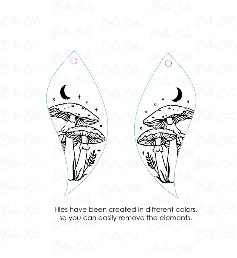May include: A pair of black and white earring designs featuring a crescent moon and three mushrooms with stars in the background.