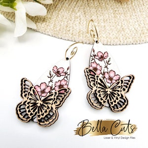 Butterfly 2 in 1 Drop Earring or Stud Laser Cut Engraved Earrings, Digital File Download, SVG DXF, Glowforge Ready, Commercial Use #293