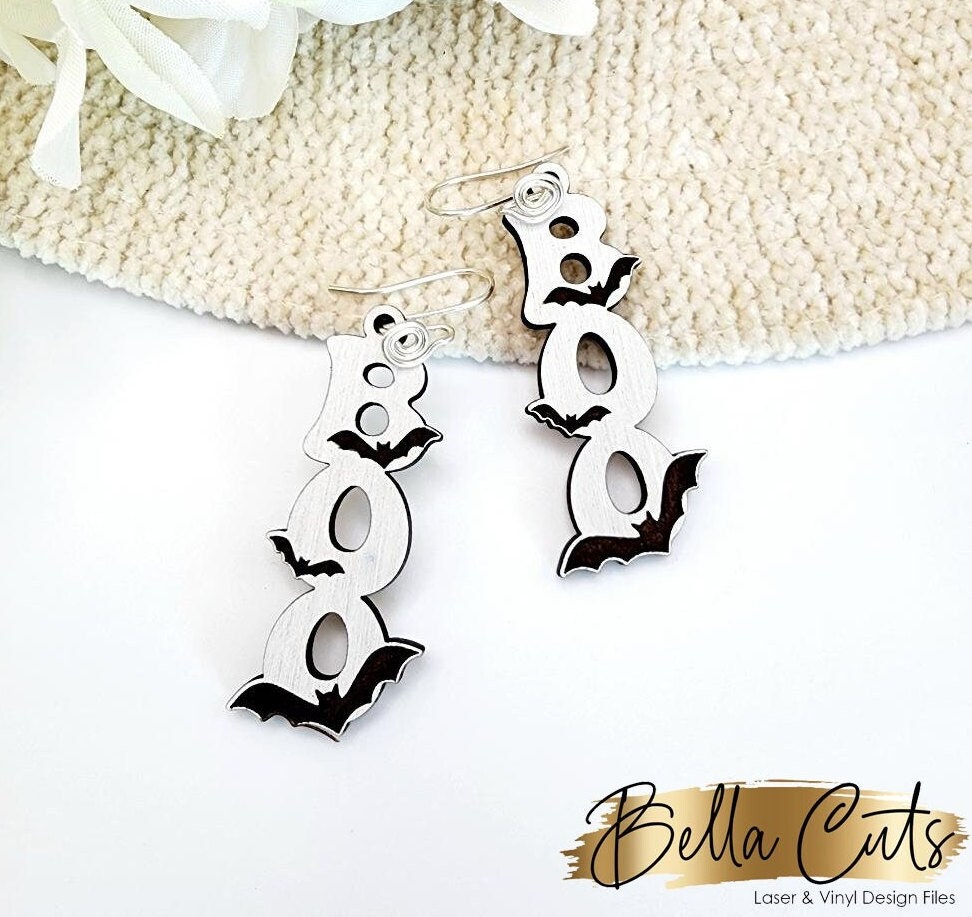 Boo Earrings, Earring Svg Files, Laser Cut Svg, Instant Digital Download, Halloween Bat Earrings Dangle #415