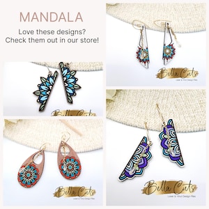 May include: Four pairs of colourful mandala earrings. Each pair features a different design with intricate details and a crystal charm. The earrings are made of wood and have gold-coloured hooks.