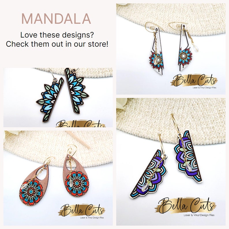 May include: Four pairs of colourful mandala earrings. Each pair features a different design with intricate details and a crystal charm. The earrings are made of wood and have gold-coloured hooks.