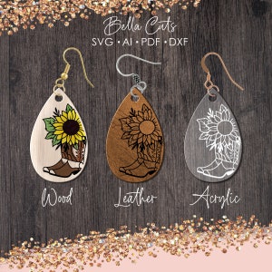 Western Earrings Svg, Cowboy Boot Earring Svg, Laser Cut Earrings, Drop Earrings SVG file for wood or acrylic #5009