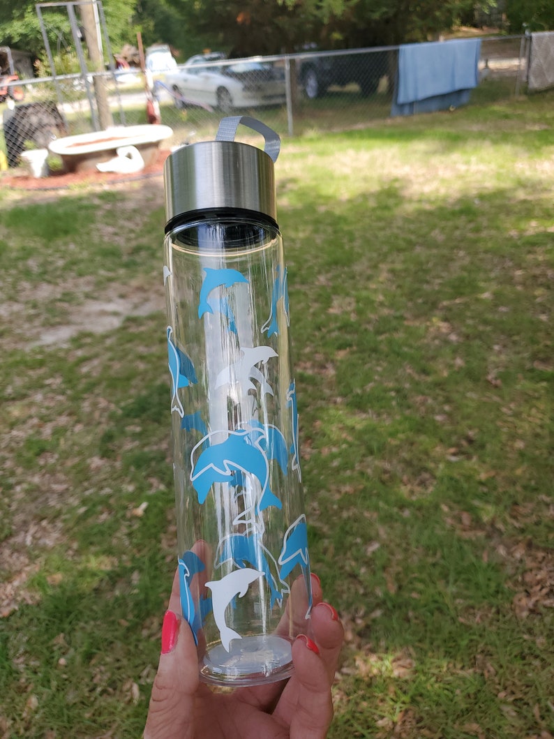 Dolphin Blue and Whitewater Bottle With Carry Strap Joggers Runners Bottle Ocean Animals Cup