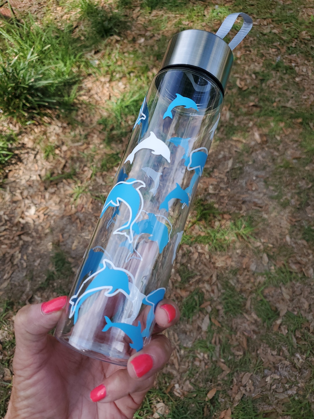 Dolphin Blue and Whitewater Bottle With Carry Strap Joggers Runners Bottle Ocean Animals Cup