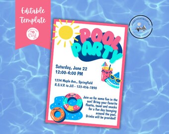 May include: Pool party invitation with a pink, blue, and yellow color scheme. The invitation features a sun, a pool float, a drink with a watermelon slice, and the text "Pool Party". The invitation also includes the date, time, and location of the party.