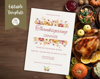 May include: A printable Thanksgiving dinner invitation with a watercolor design of fall leaves, pumpkins, and flowers. The text reads "Please join us for Thanksgiving Dinner, Thursday, November 28, 2024, 12:00 PM - Dinner will be served at 2:00, 1234 Maple Ave, City, ST 56789, Please RSVP to Jennifer at (123)456-7890."