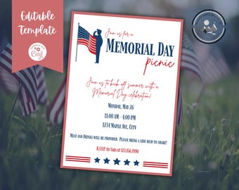 May include: A red, white, and blue printable invitation for a Memorial Day picnic. The invitation features a silhouette of a soldier saluting, a US flag, and the text "Join us for a Memorial Day picnic".