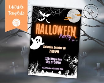May include: A black and white Halloween party invitation with a spooky design. The invitation features a ghost, a skeleton, bats, a spider web, and a full moon. The text reads "Halloween Party" in orange with a purple "Party" and includes the date, time, and address.