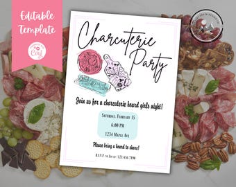 May include: A pink and white invitation for a charcuterie party. The invitation features a hand-drawn illustration of a charcuterie board with various cheeses, meats, and crackers. The text on the invitation reads "Charcuterie Party" and includes the date, time, and location of the event. The invitation also includes the text "Join us for a charcuterie board girls night!" and "Please bring a board to share!"