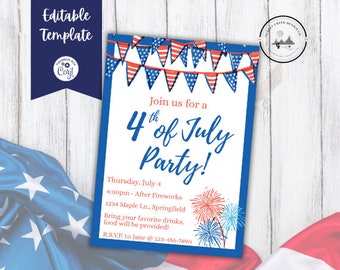 May include: A blue and white printable invitation for a 4th of July party. The invitation features red, white, and blue bunting, fireworks, and the text "Join us for a 4th of July Party!"  The invitation also includes the date, time, location, and RSVP information.
