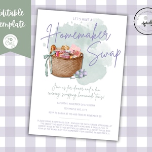 May include: An invitation for a Homemaker Swap event. The design features a watercolor illustration of a basket filled with homemade items, with text in a handwritten style. The invitation includes event details.