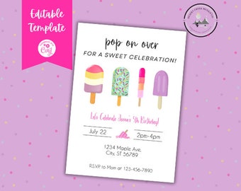 Puede incluir: Una invitación imprimible para una fiesta de cumpleaños número 5 con temática de paletas de hielo. La invitación es blanca con paletas de hielo rosas, azules y verdes y chispas. El texto dice "Pop on over for a sweet celebration! Let's celebrate Jenna's 5th birthday! July 22, 2pm-4pm, 1234 Maple Ave., City, ST 56789, RSVP to Mom at 123-456-7890."