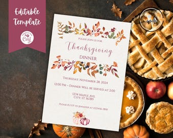 May include: Thanksgiving dinner invitation with a watercolor autumn leaf design. The invitation includes the date, time, and address for the dinner. Please RSVP to Jennifer at (123)456-7890.