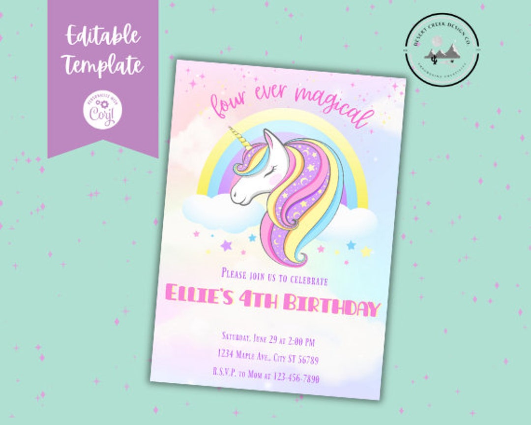Four Ever Magical Unicorn 4th Birthday Invitation (digital) - Etsy