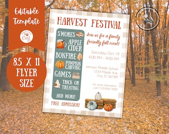 Puede incluir: Un folleto para un Festival de Cosecha con un fondo a cuadros. El folleto enumera actividades como s'mores, sidra de manzana, fogatas, tallado de calabazas, juegos, truco o trato, y más. El evento es el sábado 19 de octubre de 4:00 PM a 9:00 PM en la escuela intermedia Johnson. El folleto indica que la entrada es gratuita.