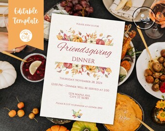 May include: A printable invitation for a Friendsgiving dinner with a watercolor illustration of fall leaves, pumpkins, and gourds. The invitation includes the date, time, and address for the event. Please RSVP to Jennifer at (123) 456-7890.