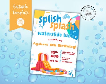 May include: A colorful invitation for a water slide bash to celebrate Ayden's 8th birthday. The invitation features a cartoon illustration of a water slide, a pool, and a beach ball. The text on the invitation reads "Splish Splash Waterslide Bash" and includes the date, time, and location of the party.