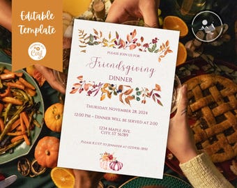 May include: An invitation to a Friendsgiving dinner with a watercolor illustration of fall leaves and pumpkins. The invitation includes the date, time, and location of the event. Please RSVP to Jennifer at (123)456-7890.