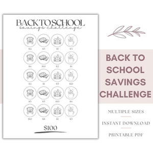 May include: A printable back to school savings challenge chart with 20 circles. Each circle has a different image: a school bus, a stack of books, a school building, and a cup of pencils. Each circle also has a dollar amount: $1, $2, $3, $4, $5, $6, $8, $10. The chart is titled "Back to School Savings Challenge".