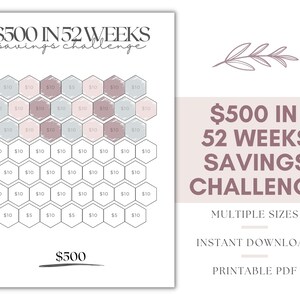 Save 500 in 52 Weeks Savings Challenge, 52 Week Savings Challenge, 52 Weeks Money Saving Challenge, 500 Savings Challenge, Savings Printable
