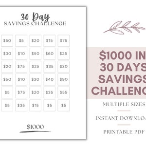 Save 1000 in 30 days Printable, 1K in 30 days, 1,000 Savings Challenge, 1K Savings Challenge, 1K Savings Challenge Template, 1000 in 30 days