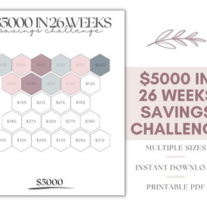 5K Saving Challenge, 26 Week Money Challenge, 5000 Savings Challenge, 5K in 6 Months, 26 Week Savings Challenge 5k, Savings Printable