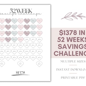 52 Weeks Money Saving Challenge, 52 Week Savings Challenge, 52 Week Envelope Challenge, Heart Themed Savings Tracker, 1K Savings Challenge