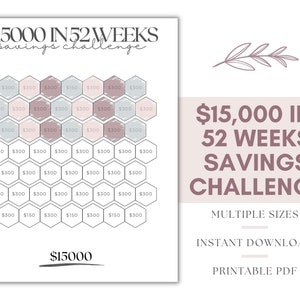 Save 15000 in 52 Weeks Savings Challenge, 52 Weeks Money Saving Challenge, 15K Savings Challenge, 15000 Savings Challenge, Savings Printable