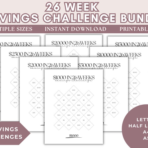 26 Week Savings Challenge Bundle, 26 Week Savings, 26 Weeks Savings, 26 Week Money Challenge, 26 Week Savings Challenge Set