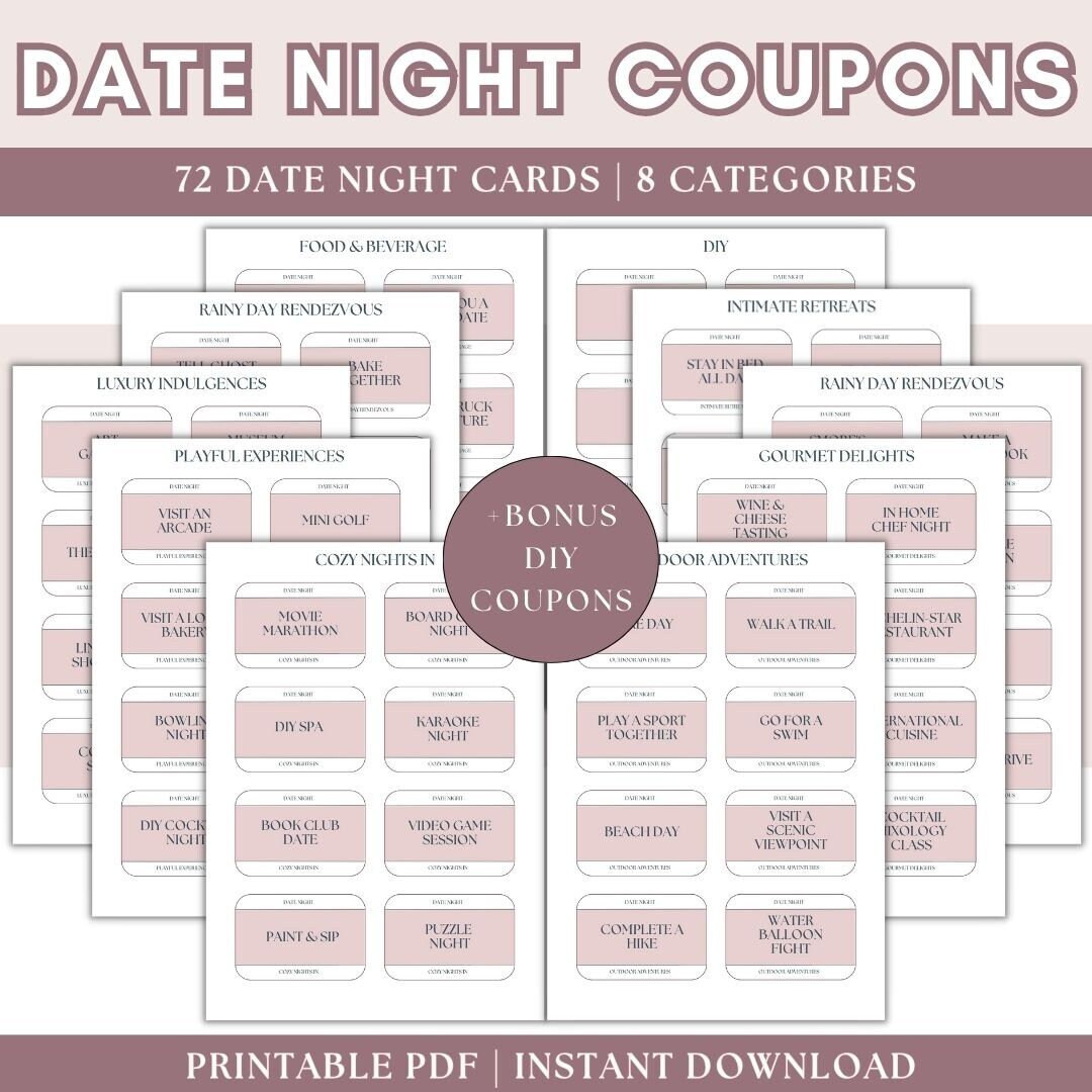 Date Night Coupons, Date Coupons, Coupons Printable, Date Night Idea Cards, Love Coupons, Date Night Jar Printable, Christmas Gift for Her