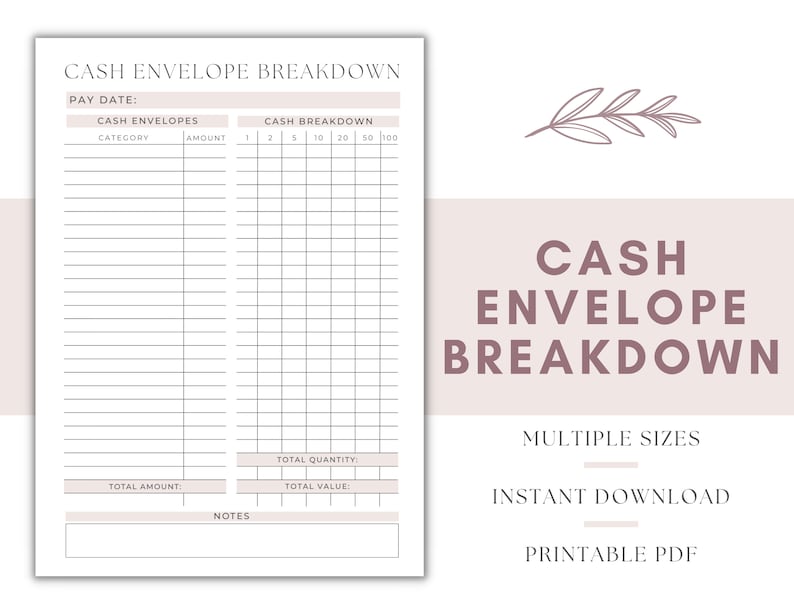 Cash Envelope Breakdown Cash Breakdown Sheet Budget - Etsy