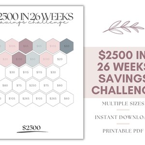 Może przedstawiać: Drukowany wykres wyzwania oszczędzania z wzorem plastra miodu. Wykres nosi tytuł "$2500 w 26 tygodni Wyzwanie oszczędzania". Wykres jest podzielony na 26 sekcji, z których każda zawiera inną kwotę do zaoszczędzenia każdego tygodnia. Łączna kwota do zaoszczędzenia wynosi $2500.