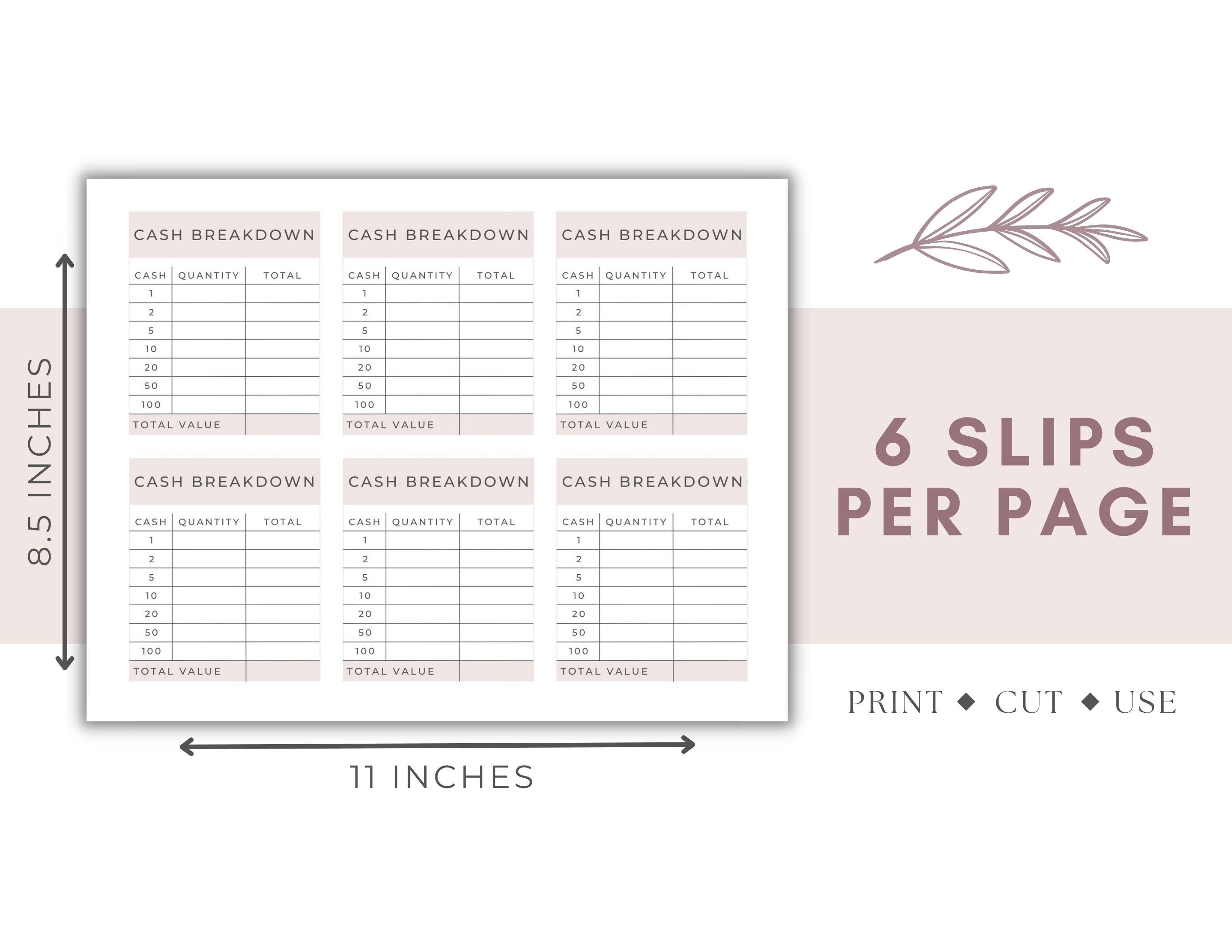 Cash Breakdown Slip, Cash Withdrawal Slip, Bank Teller Slip, Cash