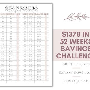 Save 1378 in 52 Weeks, 52 Weeks Money Challenge, 52 Week Savings Challenge, 52 Week Savings, 52 Weeks Savings Challenge, 52 Week Challenge