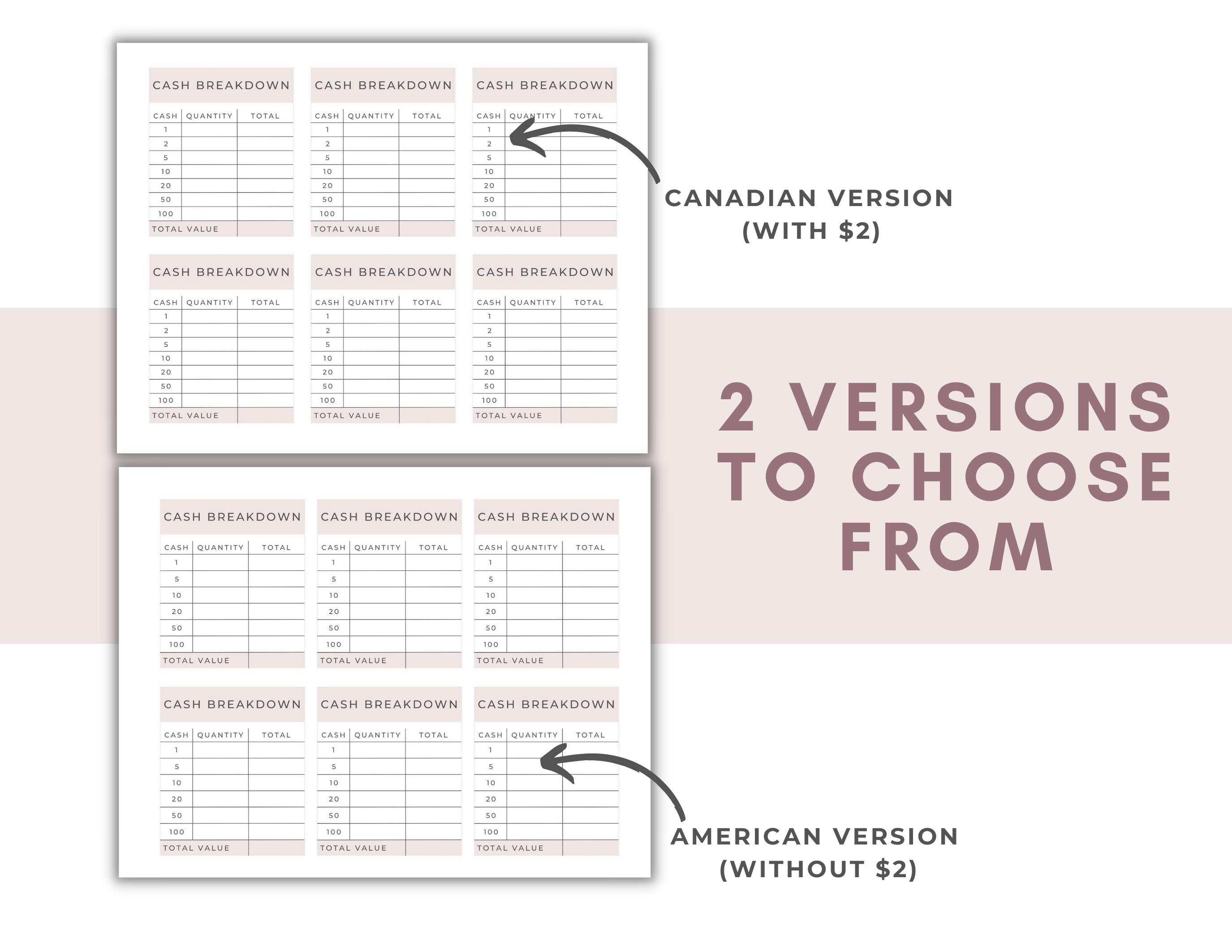 Cash Breakdown Slip, Cash Withdrawal Slip, Bank Teller Slip, Cash