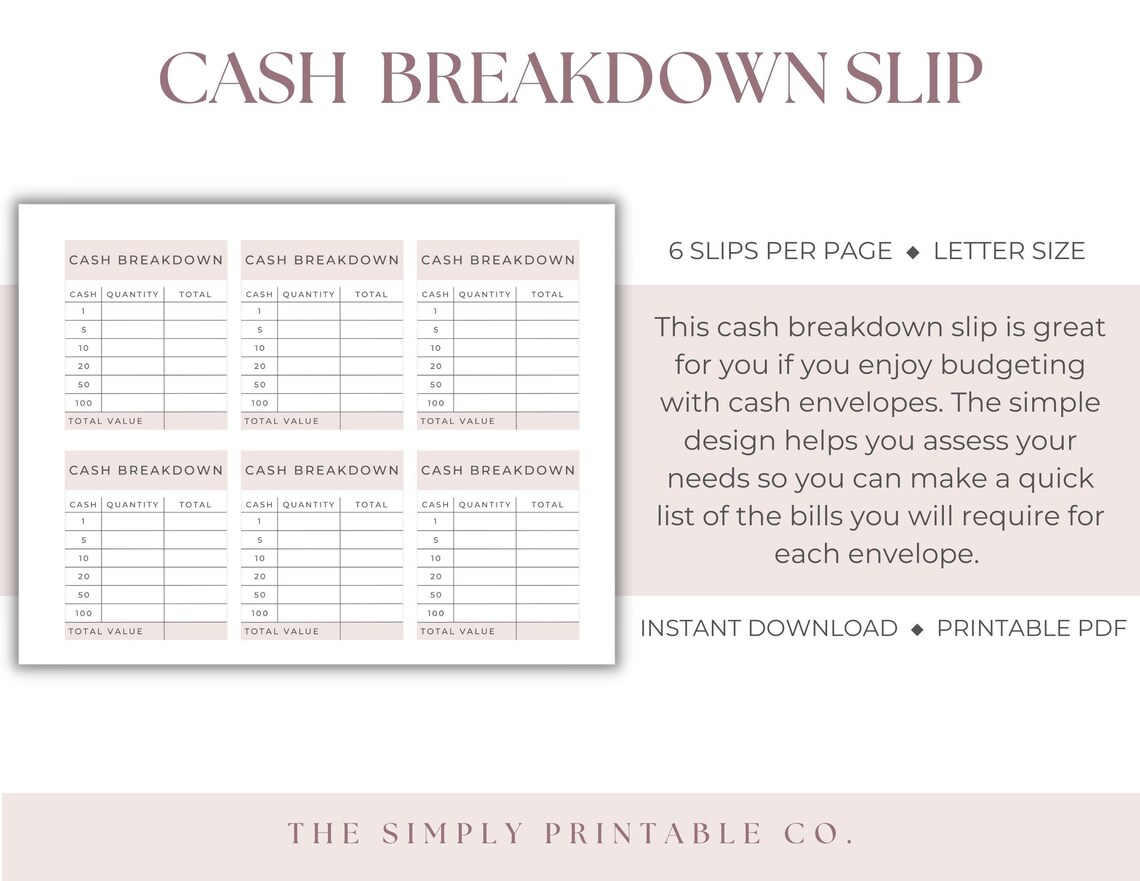 Cash Breakdown Slip, Cash Withdrawal Slip, Bank Teller Slip, Cash