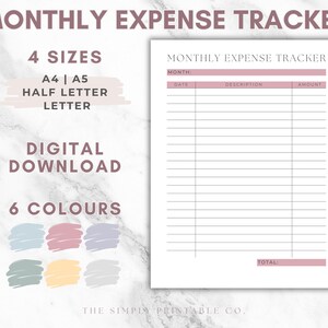 Puede incluir: Un rastreador de gastos mensuales imprimible con un encabezado rosa y una tabla con columnas para la fecha, la descripción y el monto. El rastreador está disponible en seis colores y cuatro tamaños: A4, A5, media carta y carta.
