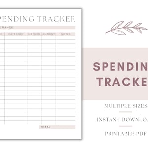 Puede incluir: Un rastreador de gastos imprimible con un diseño simple. El rastreador tiene columnas para la fecha, la categoría, el método, la cantidad y las notas. Hay un espacio en la parte inferior para un total.
