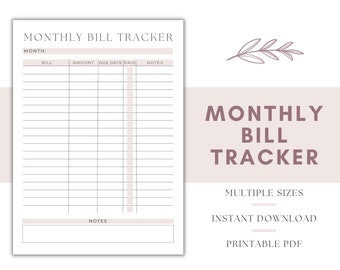 Monthly Bill Tracker Printable, Bill Payment Checklist, Bill Planner, Monthly Bill Log, Bill Pay Checklist, Monthly Bill Payment Tracker