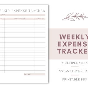 May include: Printable weekly expense tracker with a simple design. The tracker has columns for date, description, and amount. There is a space at the bottom for a total.