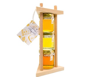 112,42/kg FOODOKO FINEST – Honig Geschenk Set mit 3 köstlichen Sorten im Holzgestell - Akazienhonig, Kastanienhonig, Blütenhonig 3x40g