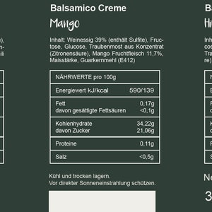 May include: Three bottles of Balsamico Creme with different flavors: Chili, Mango, and Raspberry. Each label includes nutritional information per 100g, such as calories, fat, carbohydrates, and protein. The total net weight is 300ml (3x 100ml).