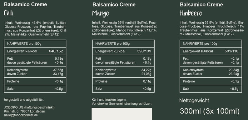 May include: Three bottles of Balsamico Creme with different flavors: Chili, Mango, and Raspberry. Each label includes nutritional information per 100g, such as calories, fat, carbohydrates, and protein. The total net weight is 300ml (3x 100ml).