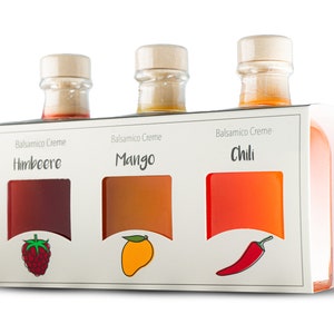 53,30/l FOODOKO FINEST Balsamico Essig Creme Probier-, Geschenkset mit Himbeer-, Mango- & Chili in 3x100ml Fläschchen, Feinkost aus Spanien