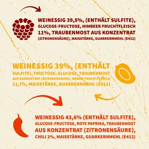 May include: A textured, light-yellow background features three illustrations of food items: a raspberry, a mango, and a chili pepper. Each illustration is accompanied by text detailing ingredients, including percentages and names like "Glucose-Fructose" and "Mango Fruchtfleisch".