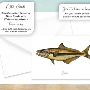 Watercolor Cobia Fish Greeting Card Hand Painted Note Card Watercolor Deep Sea Fish Greeting Card Watercolor Birthday Card Coastal Fish Card